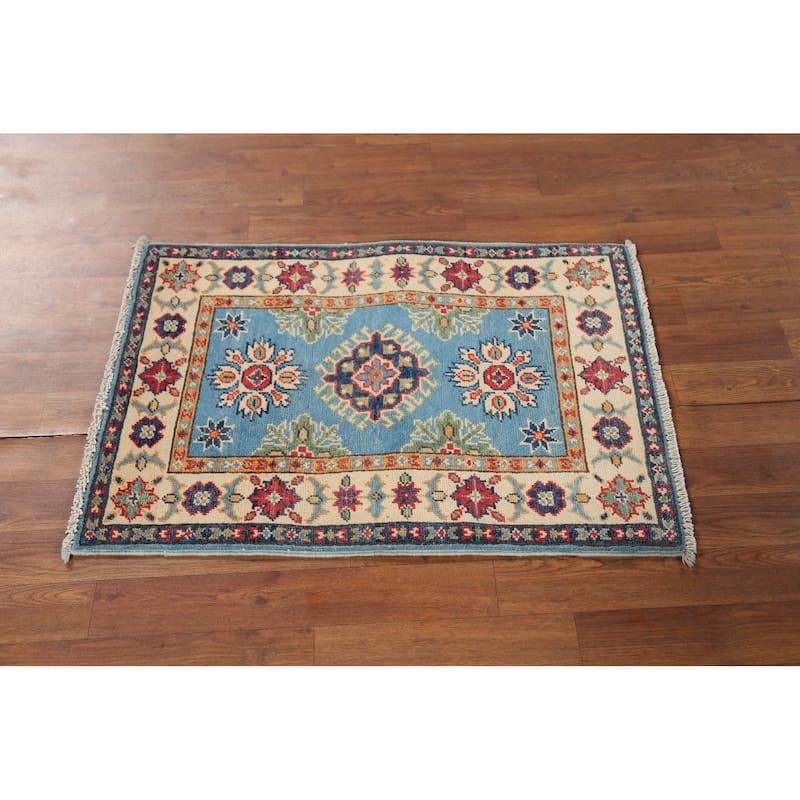 Light Blue Geometric Kazak Accent Rug Hand-Knotted Wool Carpet - 2'1"x 2'10"