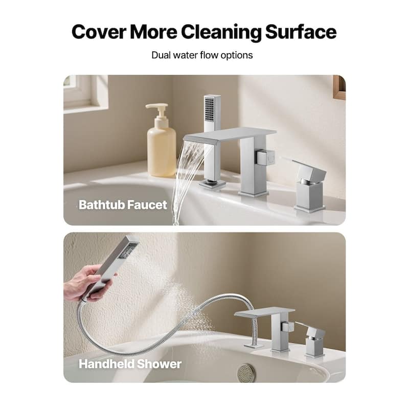 Roman Tub Faucet 3 Hole Waterfall Bathtub Faucet with Shower Head 1 Handle - 8.66” x 7.48” x 3.86”