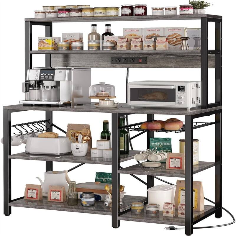 Bakers Rack with Power Outlet - 35.4"D x 15.6"W x 64"H - Charcoal Gray