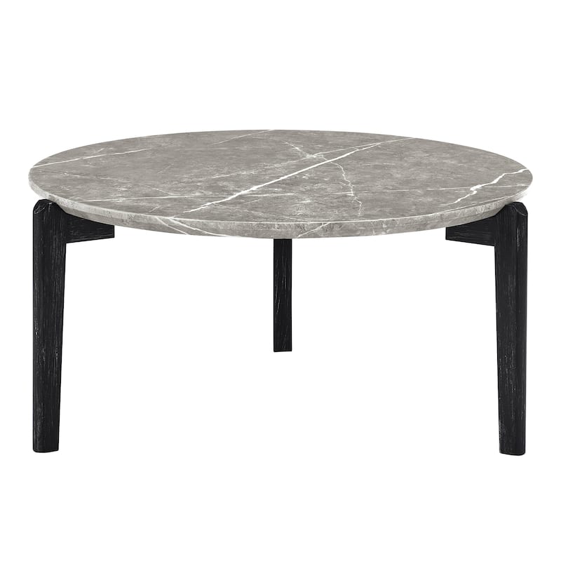 Living Room Coffee Table,36 Inch Round Small Coffee Table,Imitation Marble Tabletop With Rubber Wood Legs,Wooden Coffee Table