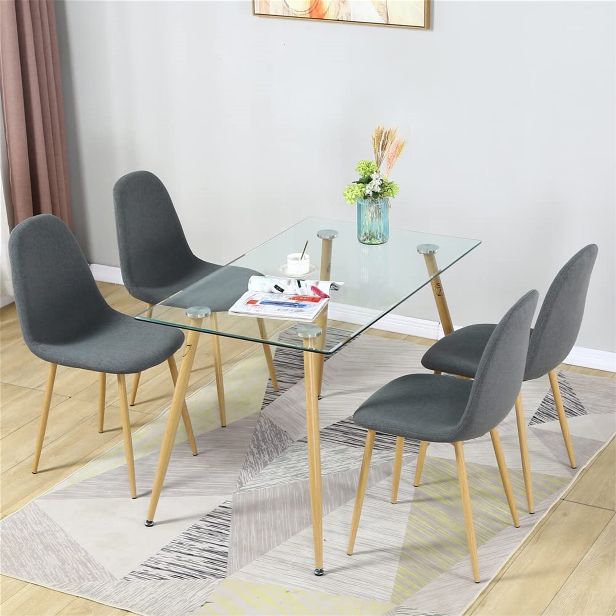 Glass Dining Table Set 4 Cancvas Fabric Dining chair with Solid Wood Leg for Dining Room Kitchen Furniture 