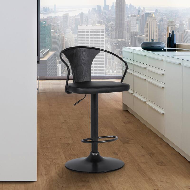 Black Faux Leather & Metal Base Adjustable Bar Stool - 43" x 20" x 19"