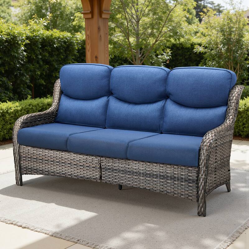 Meyreso Handwoven Wicker Outdoor Patio 3-Seat Sofa with 5-Inch Thick Cushions - Navy Blue Cushions - Gray Wicker