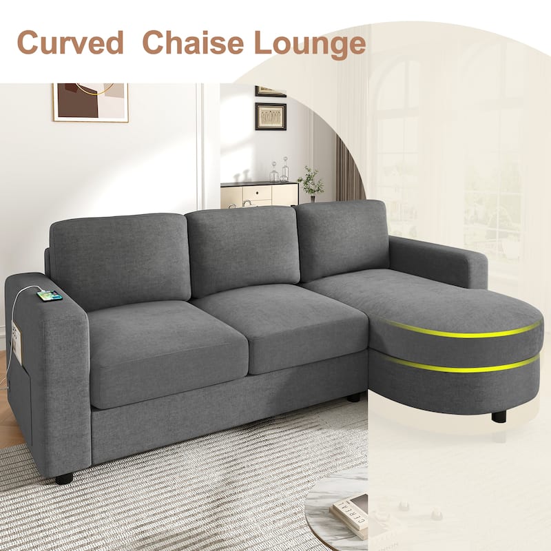 L-Shape Sectional Sofa with Curved Chaise Lounge, Chenille Fabric 3 Seater Sofa with USB Ports & Storage Pockets