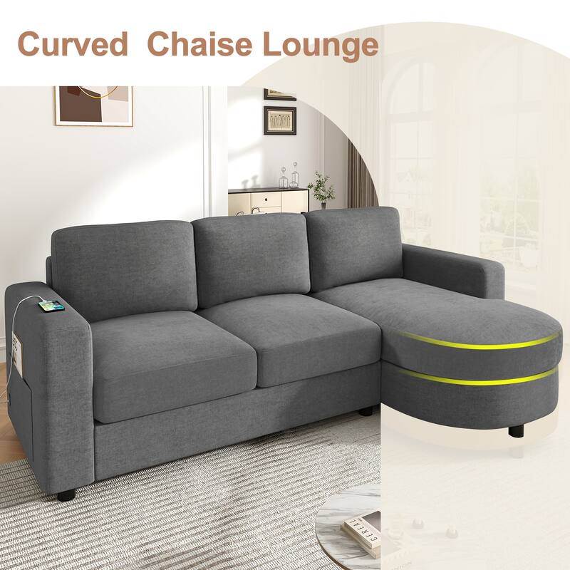 Living Room Chenille L-Shaped Sectional Sofa Set with Curved Chaise Lounge, USB Ports and Side Storage Pockets