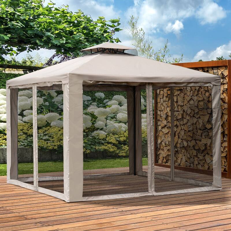 9.6' x 9.6' Outdoor Patio Gazebo with 2-Tier Roof, Netting, and Steel Frame for Garden, Lawn, and Deck