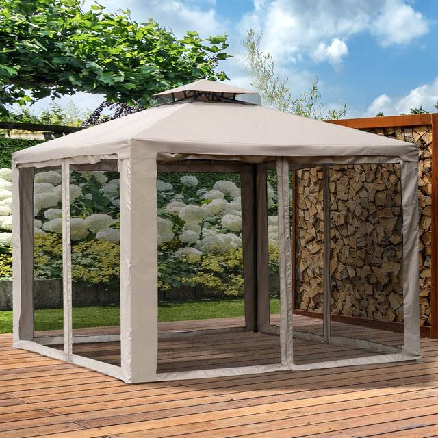 Outsunny 9.5' x 9.5' Patio Gazebo Outdoor Pavilion 2 Tire Roof Canopy Shelter Garden Event Party Tent Yard Sun Shade Steel Frame - Taupe 