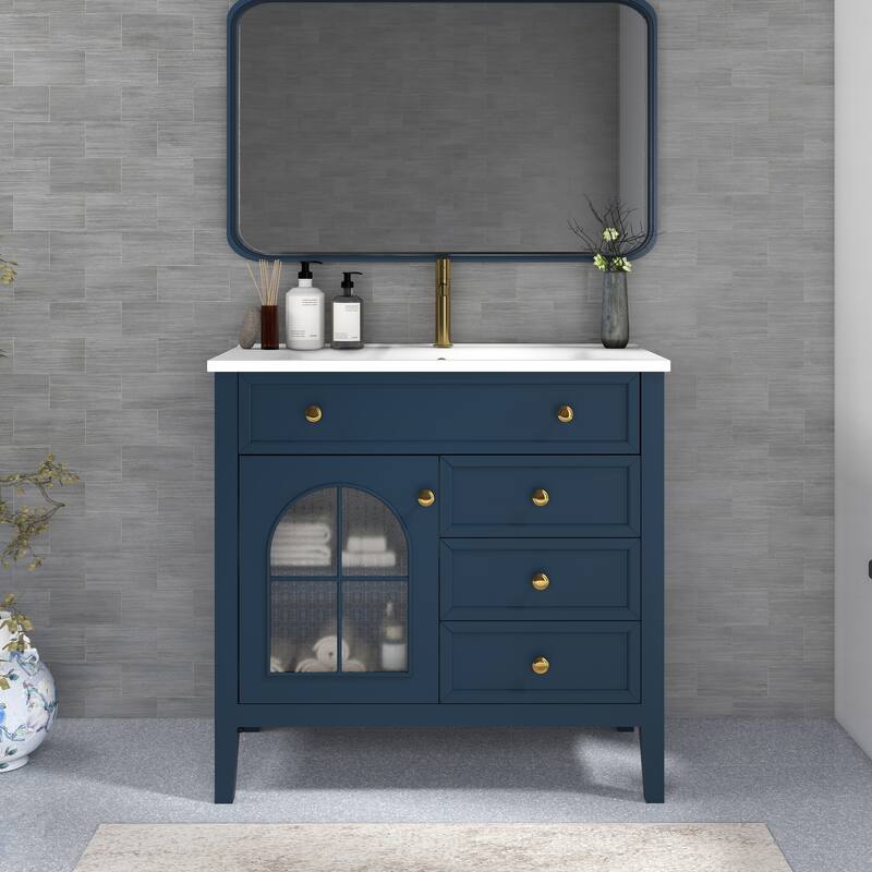 Freestanding 36" Bathroom Vanity Sink Cabinet with Motion-sensor Light Strip, Patterned Glass & Drawers