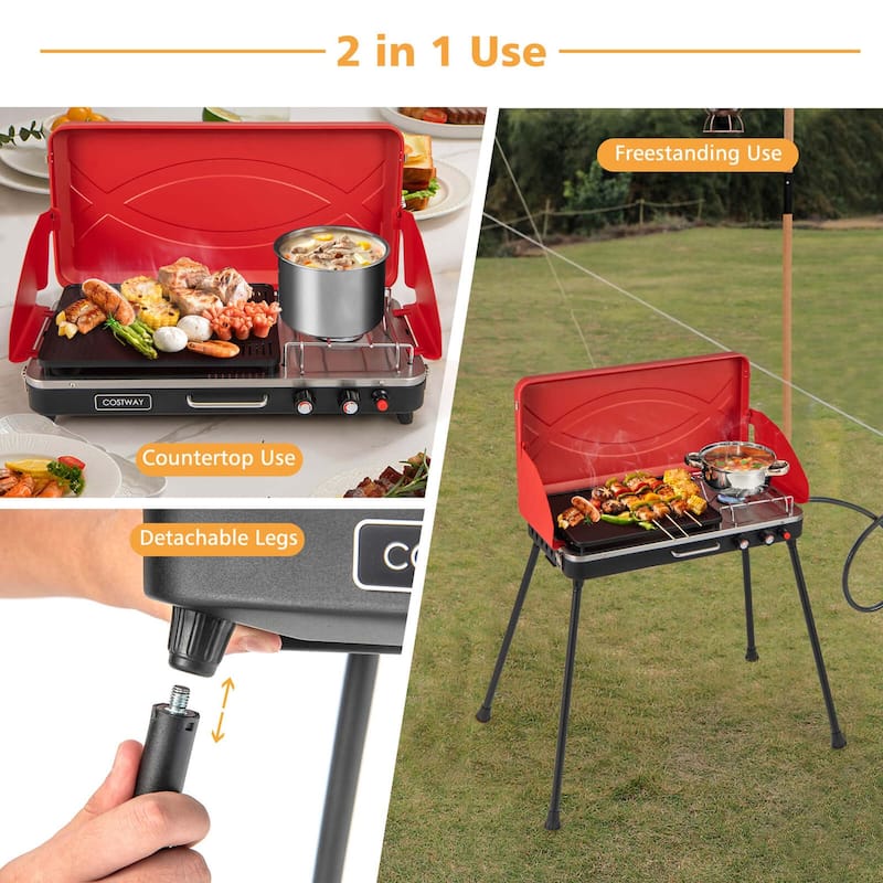 Portable Camp Grill 2-Burner Propane Camping Stove w/ Detachable Legs