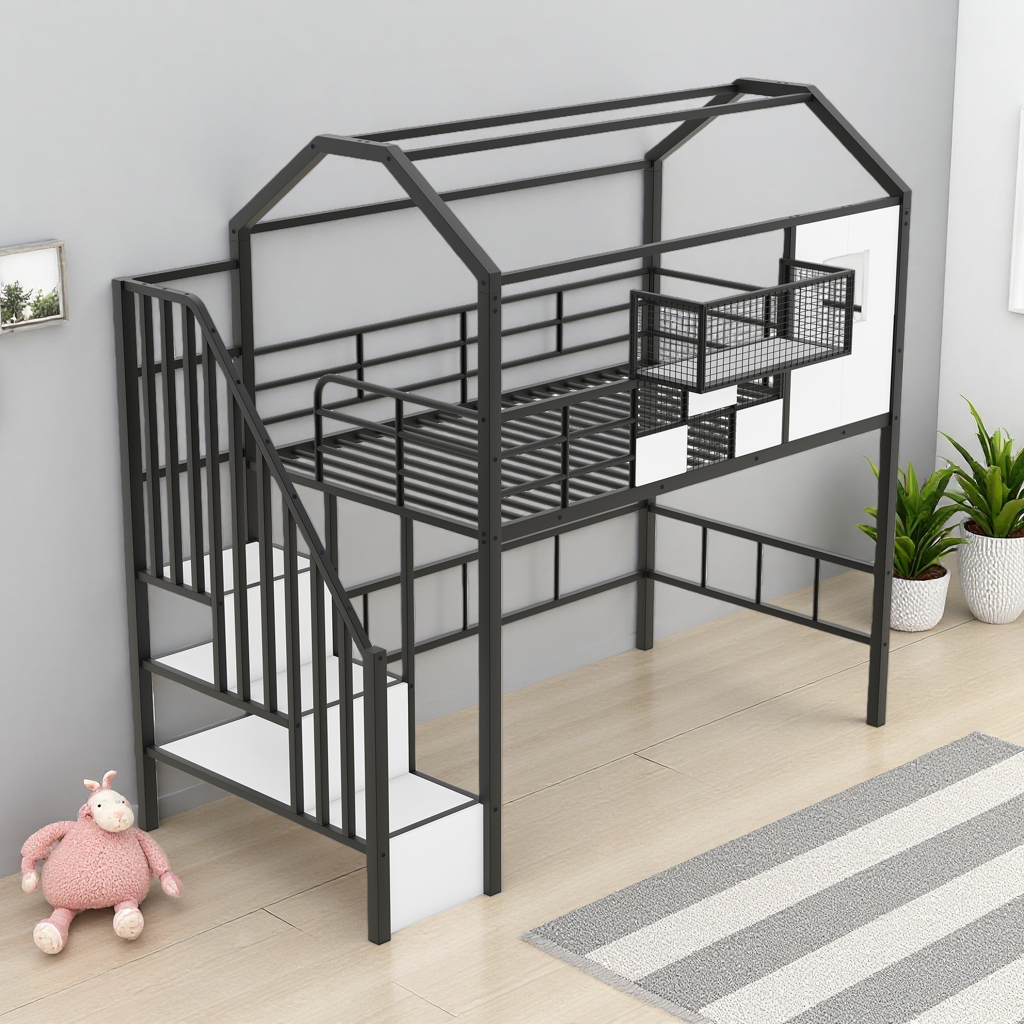 Twin Size Metal Loft Bed with Roof Design and Storage Box