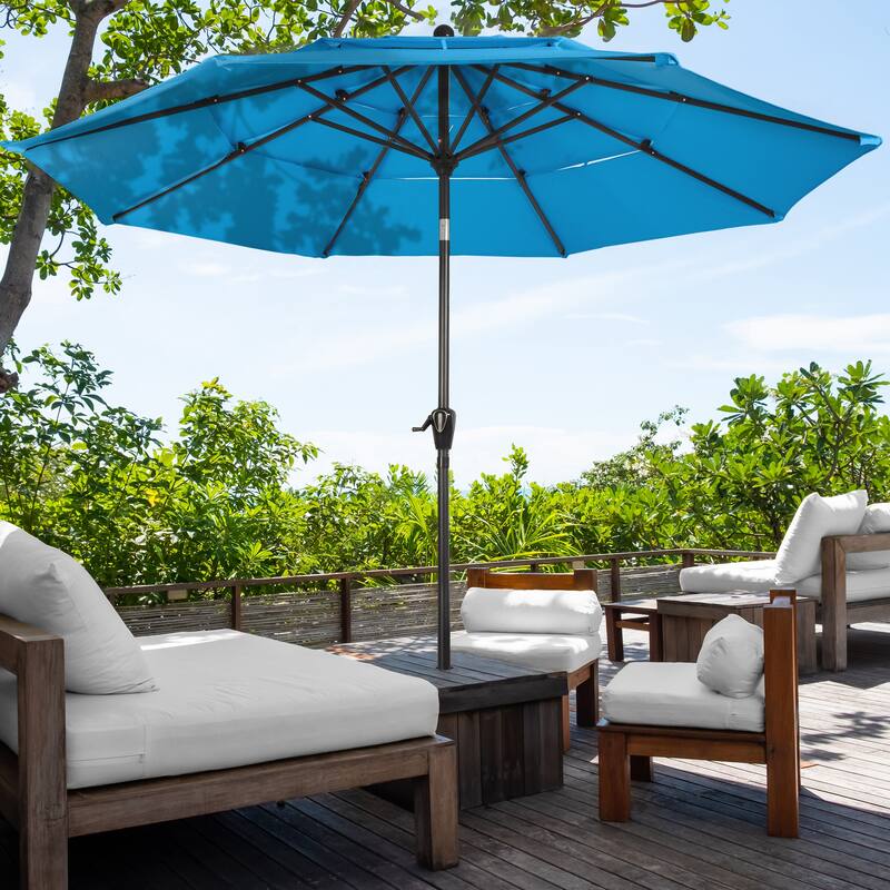 10 ft Patio Umbrella, 3-Tiered Sunshade with Push Button Tilt and Easy-Open Crank, Outdoor Umbrella for Deck, Yard - Blue