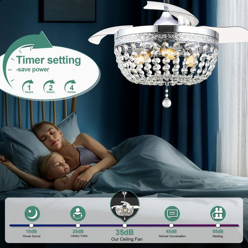 Cusp Barn 42" Crystal Retractable Ceiling Fan with Remote, Modern 6 Speeds Qiuet DC Motor Reversible Ceiling Fan for Bedroom