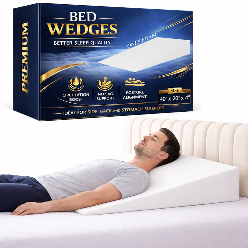 Extra Wide Bed Wedge Pillow | Body Support Sponge | Tringle Incline Cushion to Elevate Upper Body, 40 x 20 x 4 - White
