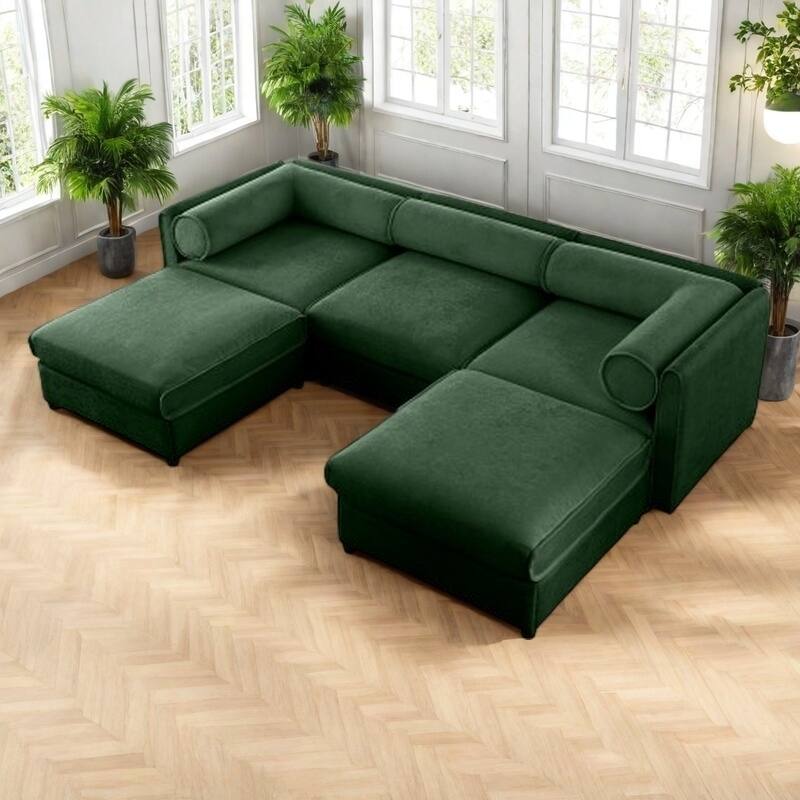 Modern Chenille 6-Seater Sofa with Ottoman Storage, Hidden Storage, Cylindrical Cushioned Arms and Backrest - 3 Seater with 2 Ottoman Green