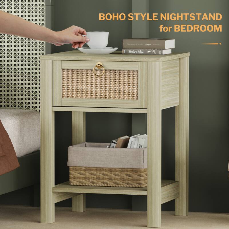 SICOTAS Farmhouse 1-Drawer Rattan Nightstand