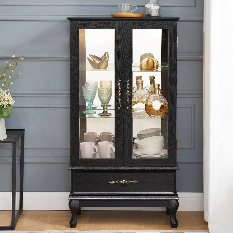 Lighted Curio Cabinet with Glass Doors and Adjustable Shelves 2 Door Wine Cabinet Display Curio Cabinet with LED Lights