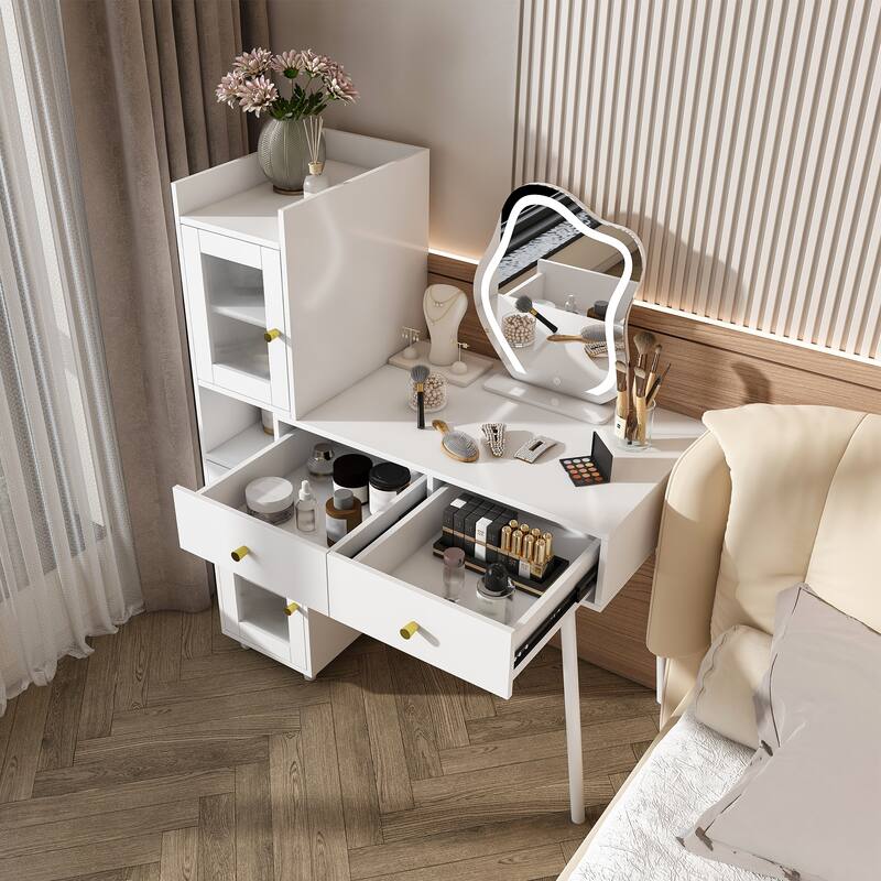 Roomfitters Vanity Desk with Illuminated Mirror, Modern Makeup Station with Glass Cabinets and Shelves, White