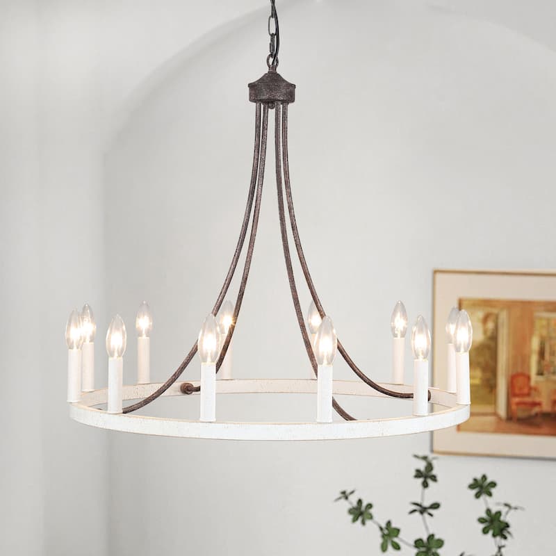 12-light Rustic Farmhouse Wagon Wheel Chandelier Candle Dining Room Lighting - N/A - Imitation antique black+Retro white