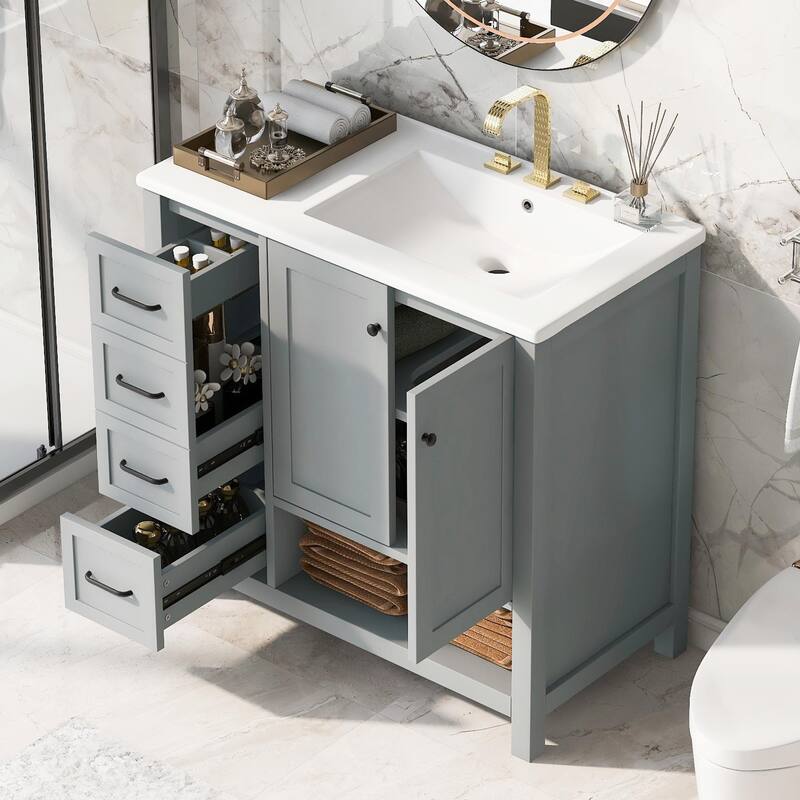 36" Bathroom Vanity - Sink Top, Two Doors, Two Drawers, and Open Shelf