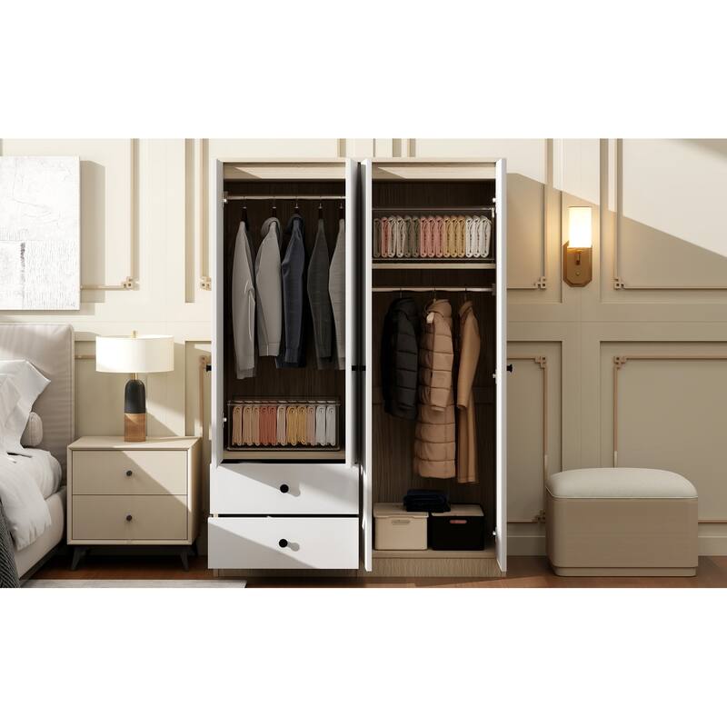 Roomfitters 4-Door Wardrobe Closet with Hanging Rod, Interior Shelf and Panel Storage Space, White