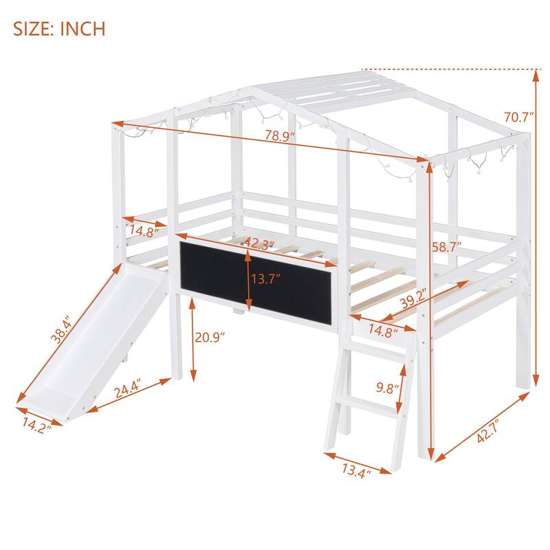 Twin Loft Bed with Slide, Ladder, Blackboard, and Light Strip, White and Gray