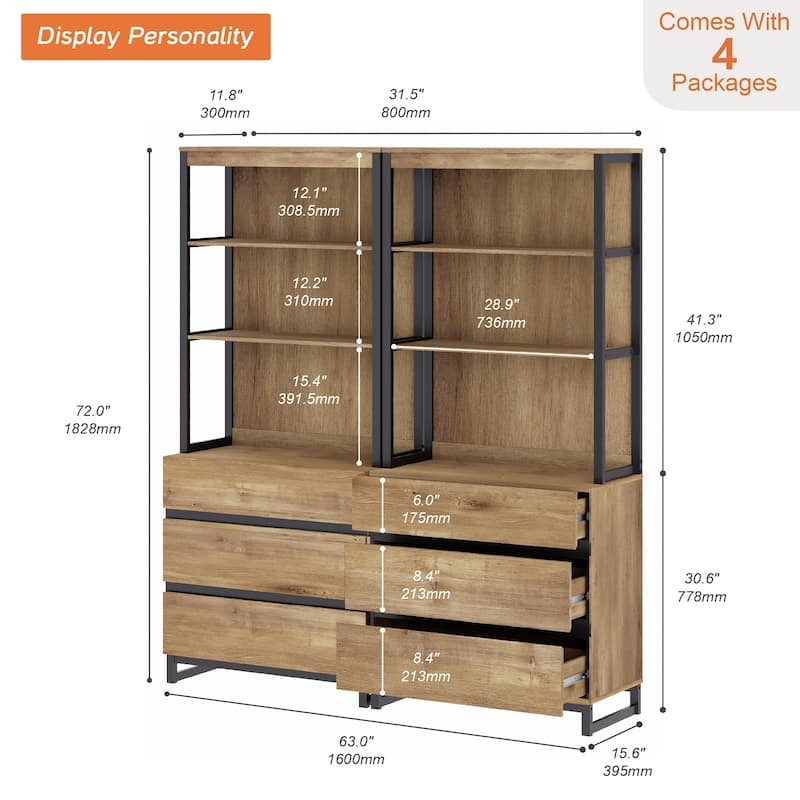 WAMPAT Modern 72" Tall Bookcase with Drawers and Open Book Shelfs, Library Book Shelf for Home Office, Living Room