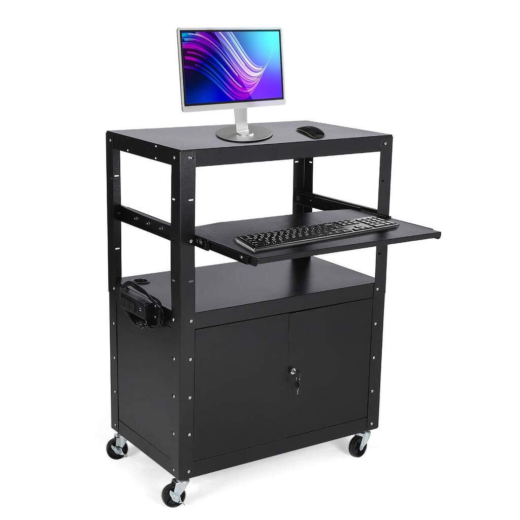 Height Adjustable Rolling AV Cart with Locking Cabinet