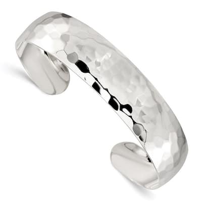Curata 925 Sterling Silver 15mm Hammered Adjustable Cuff Stackable Bangle Bracelet