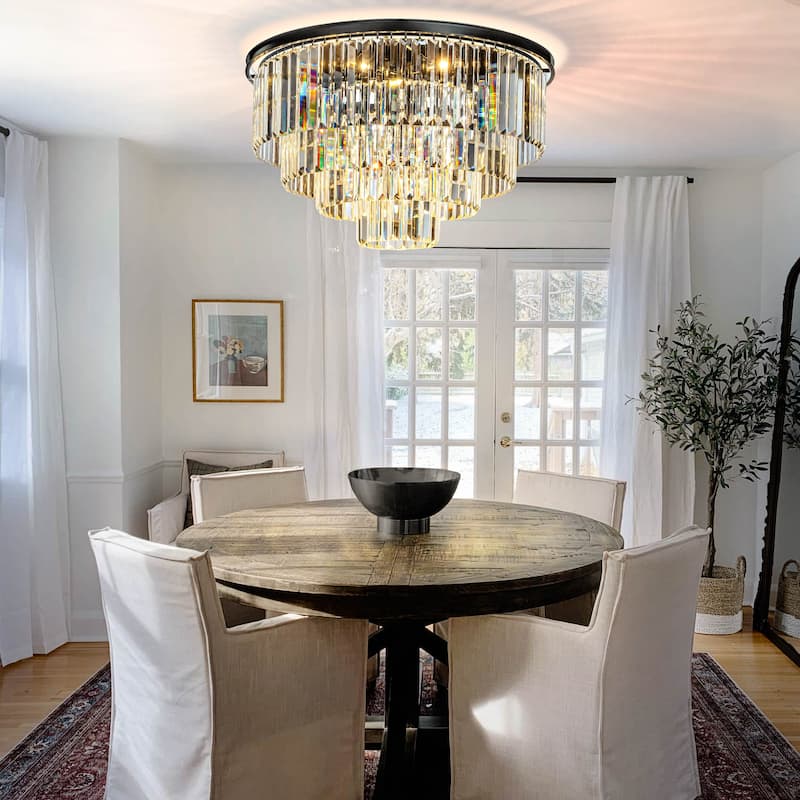 8-Lights Mid-Century Glam Modern 4-Tier Round Fringe Crystal Flush Mount Light For Living Room - W32''