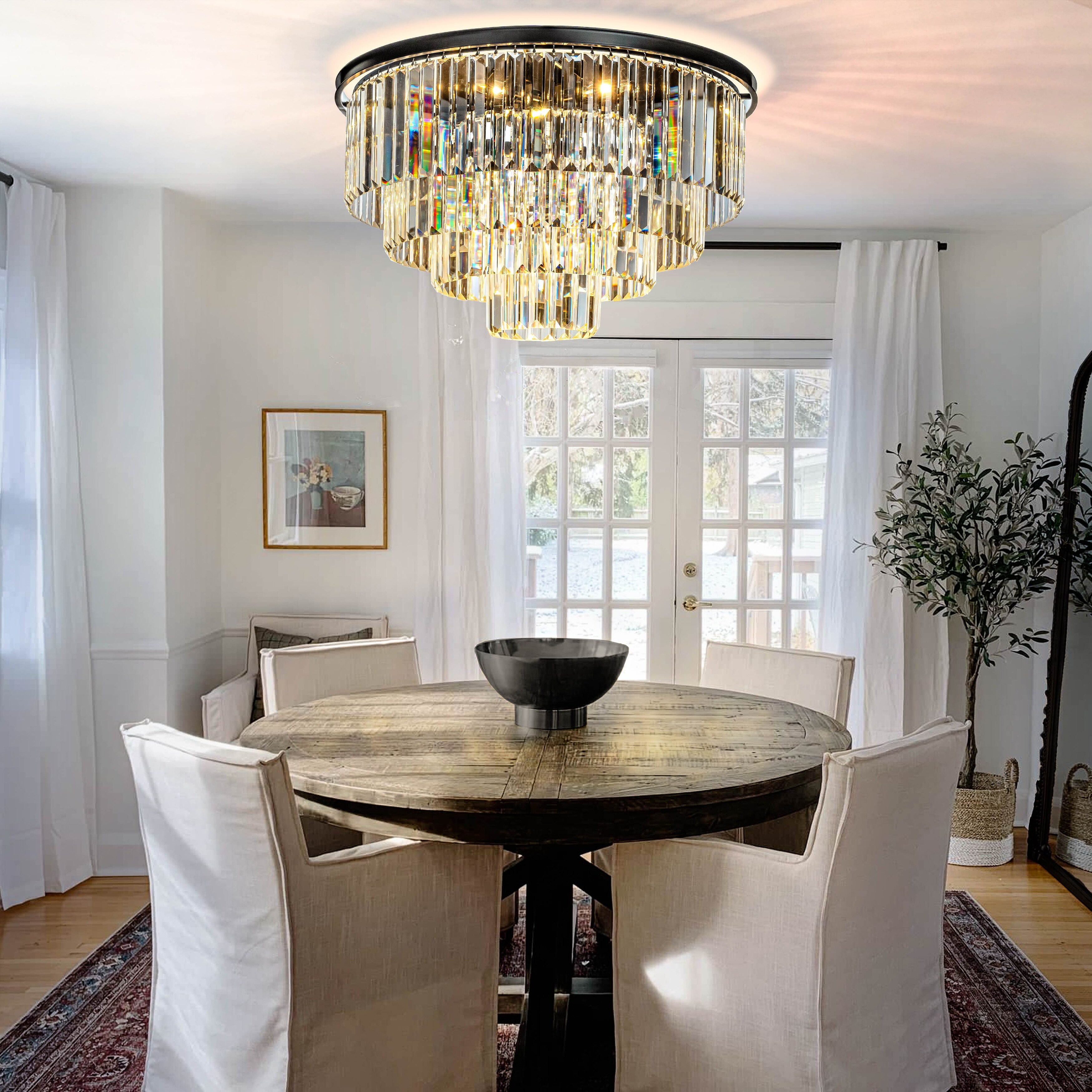 8 Lights Mid Century Modern 4 Tier Round Fringe Crystal Flush Mount Light W 31.5 in