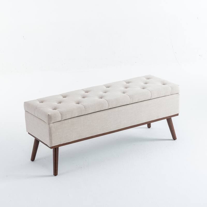 Linen Storage Ottoman Bench with Wood Legs, Upholstered Entryway Bench Tufted Mid Century Modern Ottoman Bedroom End of Bed - White