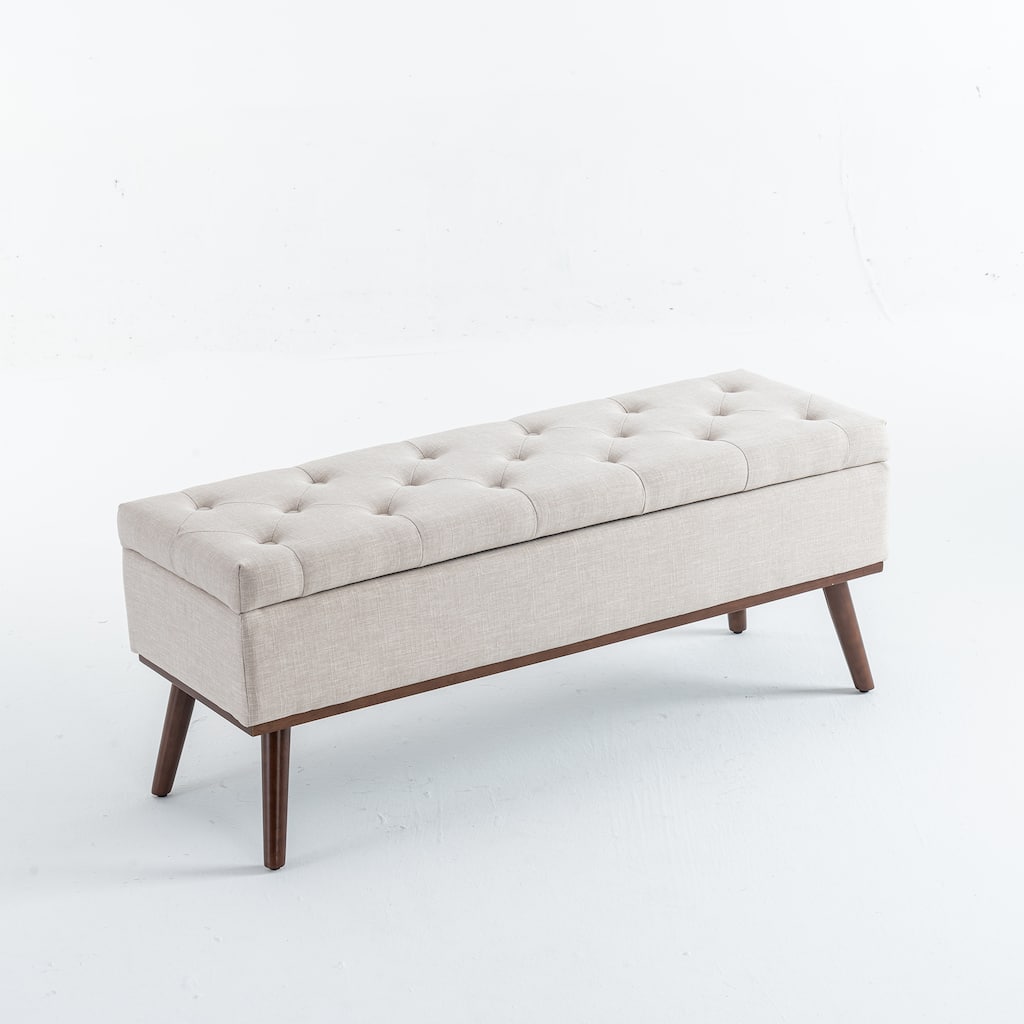Linen Storage Ottoman Bench with Wood Legs, Upholstered Entryway Bench Tufted Mid Century Modern Ottoman Bedroom End of Bed