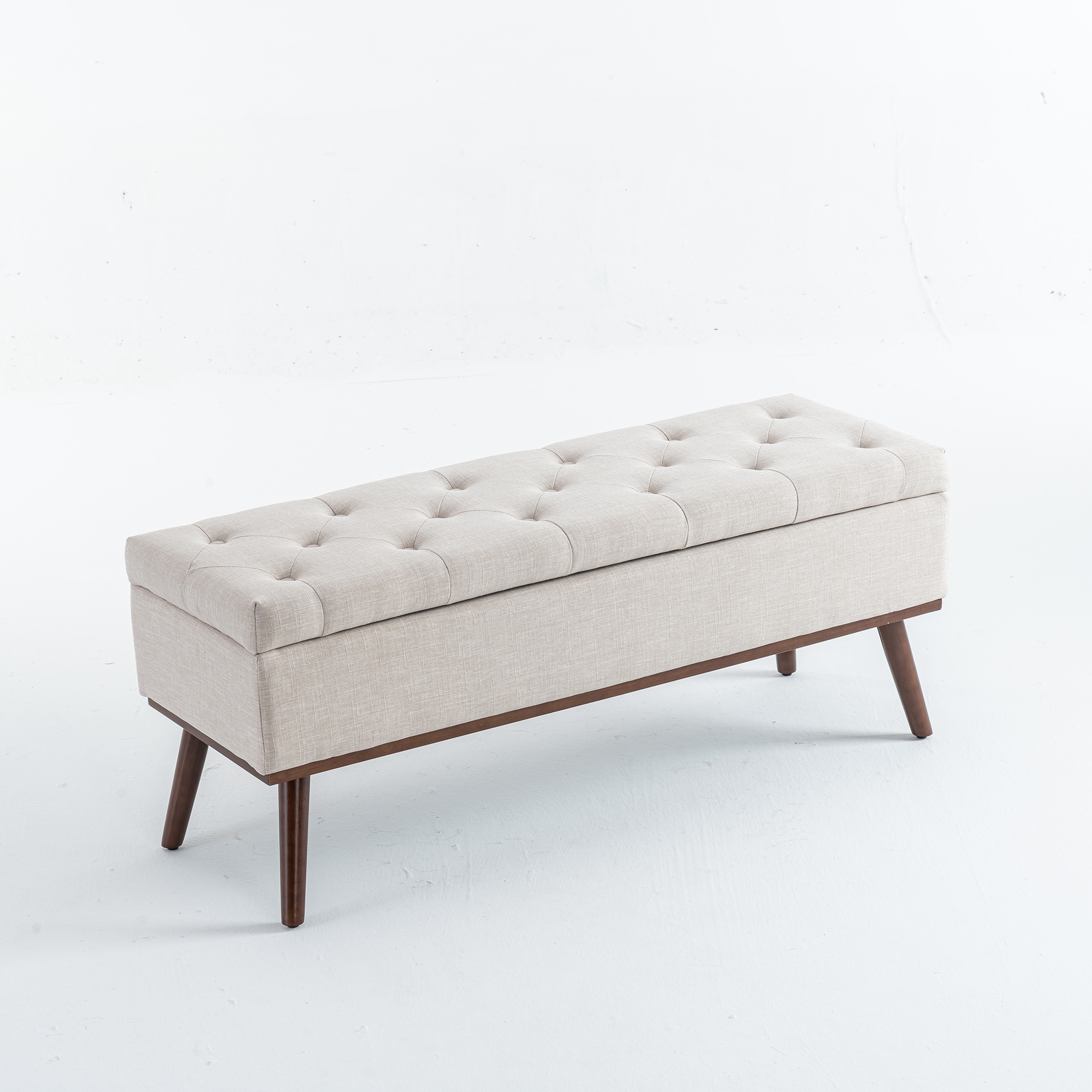 Linen Storage Ottoman Bench with Wood Legs, Upholstered Entryway Bench Tufted Mid Century Modern Ottoman Bedroom End of Bed