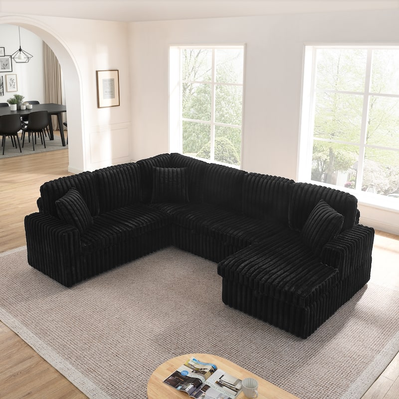 Corduroy Upholstered Reclining Sofa U-shaped Sleeper Sectional Couch with Pull Out Bed, Storage Chaise and Adjustable Backrests - Black