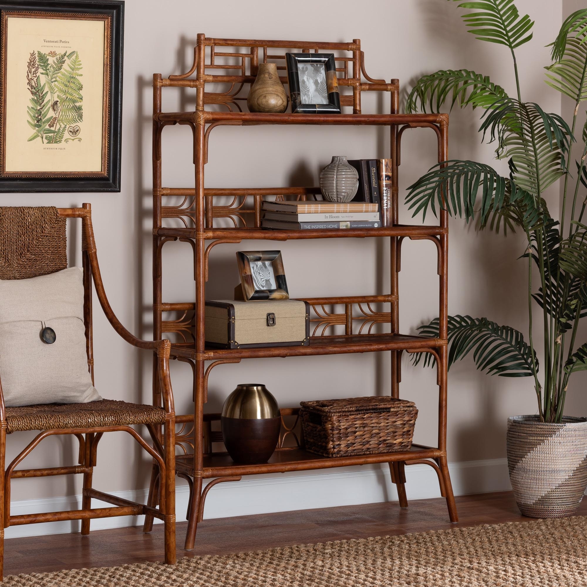 Aleya Marbled Tortoise Natural Rattan Display Shelf - 4-Tier Handcrafted Wicker Etagere with Openwork Frame, Tropical Bookcase - Bed Bath & Beyond