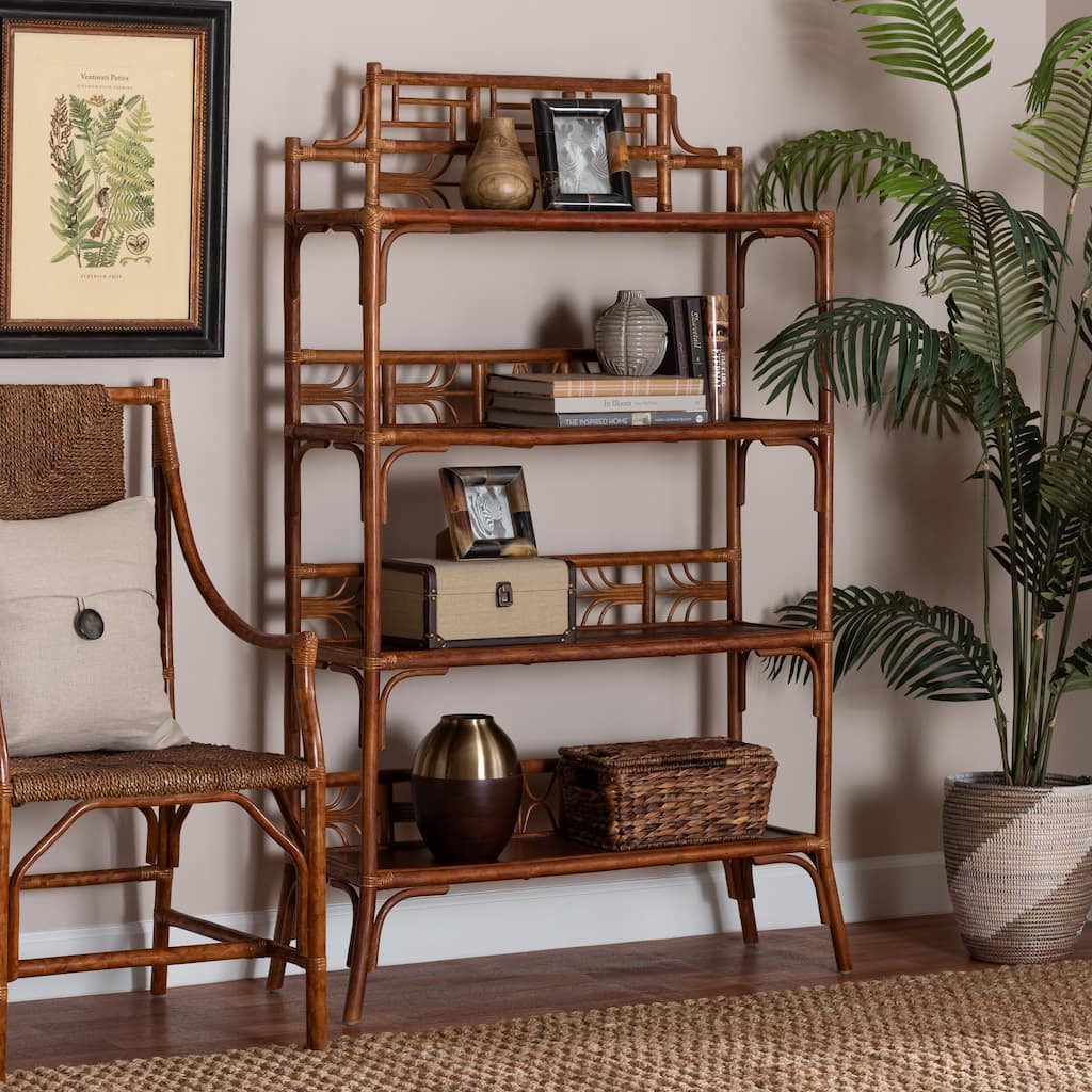 Aleya Marbled Tortoise Natural Rattan Display Shelf - 4-Tier Handcrafted Wicker Etagere with Openwork Frame, Tropical Bookcase