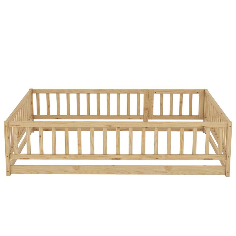 Montessori Floor Bed with Fence Guardrail and Removable Door Toddler Floor Wood Bed Frame for Kids Boys Girls Children's Room
