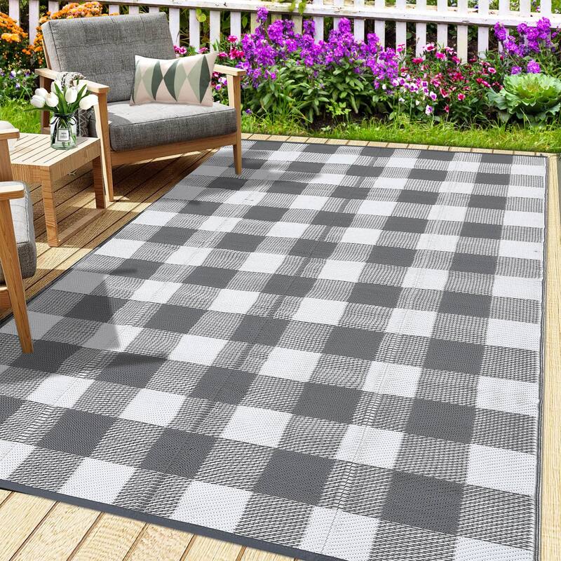 Outdoor Rug Waterproof Reversible Rug Indoor Outdoor Plaid Area Rug Plastic Straw Rug for Camping RV Backyard Patio - 10'x14' - Gray/White