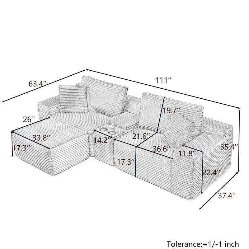 Modular Sectional Sofa, Deep Seat Corduroy Cloud Couch with Cup Holders, USB Ports & Storage Box