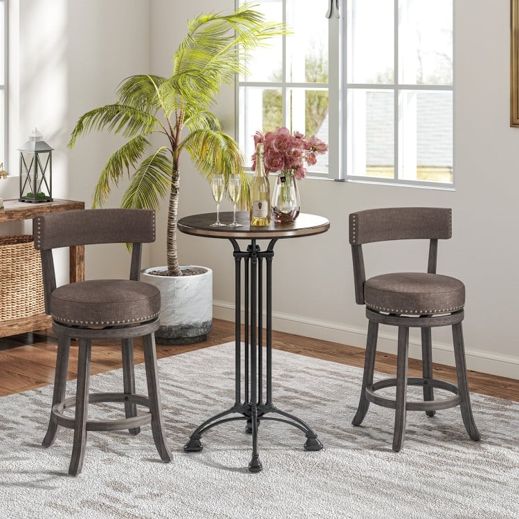 2 Grey Swivel Bar Chairs with Padded Linen Upholstery and Footrest Sturdy Rubber Wood Frame