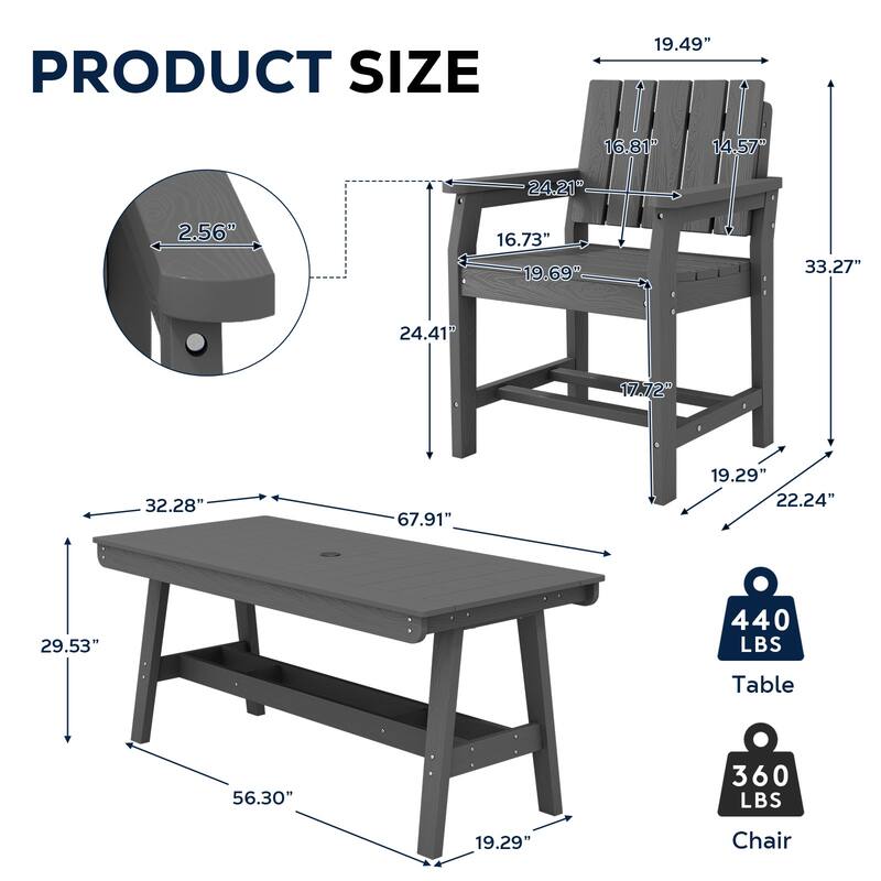 HDPE Patio Dining Set with Rectangular 67.91in W Table with Umbrella Hole and 4 Chairs - N/A