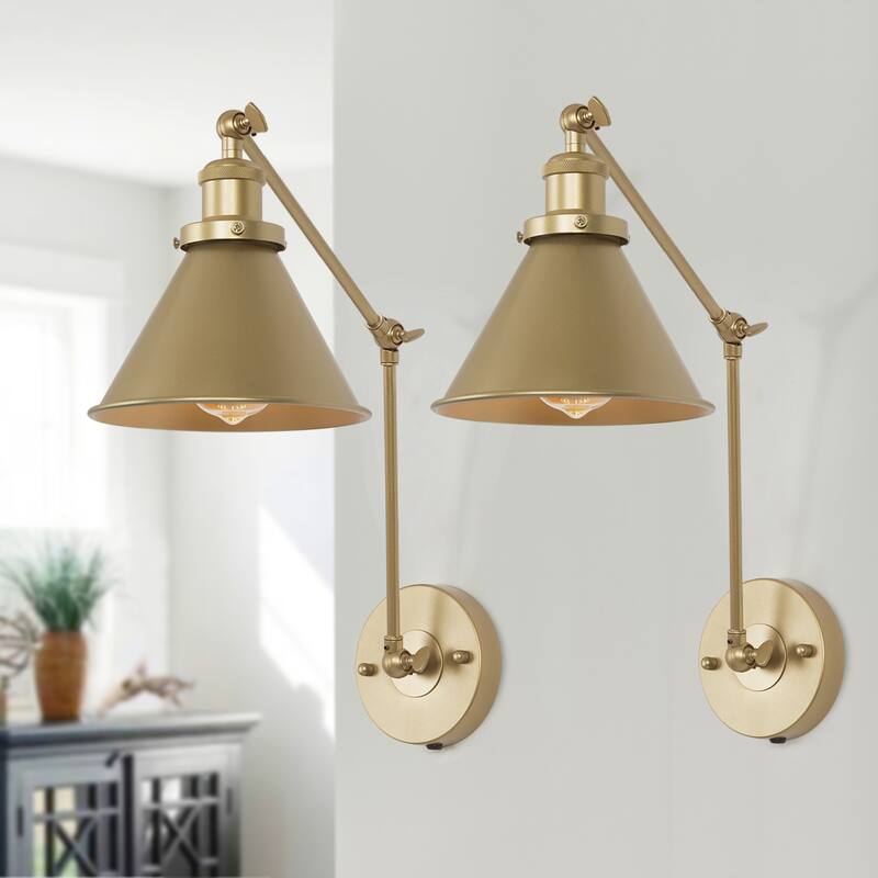 Set of 2 Mid-Century Modern Plug-in Gold Swing Arm Light Wall Sconce