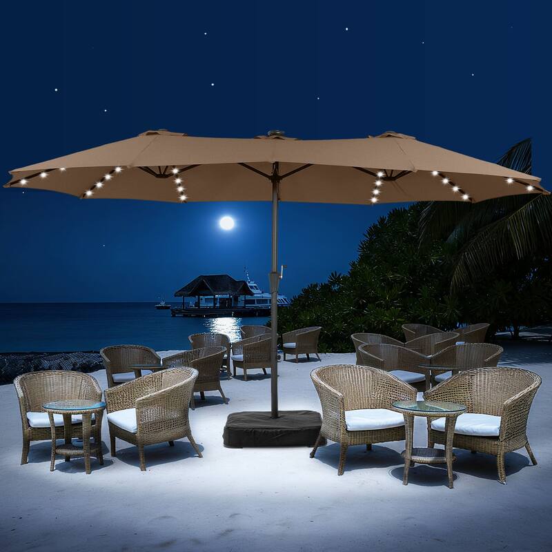 15ft Patio Umbrella Outdoor Market Umbrella with Base and LED Lights - Brown