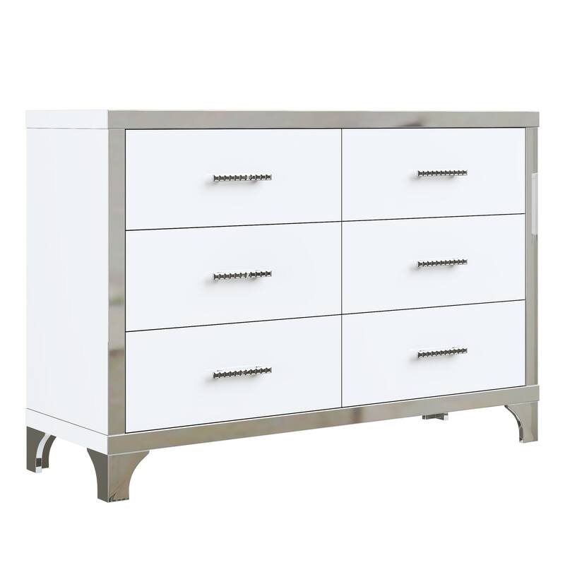 Elegant High Gloss Dresser with Metal Handle,Mirrored Storage Cabinet with 6 Drawers for Bedroom