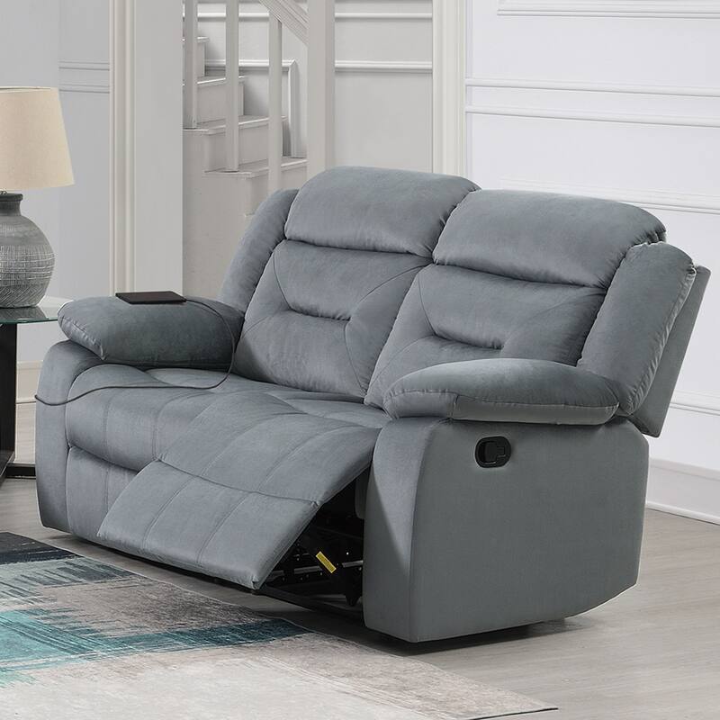 Velvet Upholstered Manual Motion Recliner Loveseat with USB Port in Dark Gray