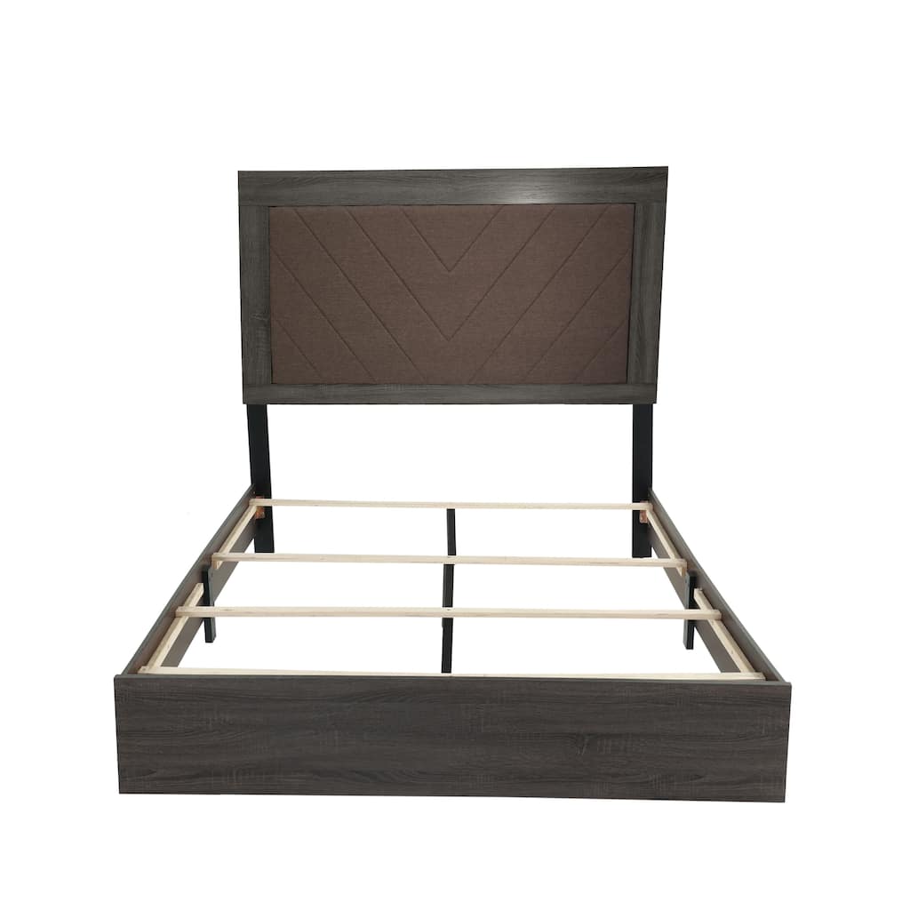 Dark Gray Oak Queen Bed with Rustic Wood Accents and Fabric Details