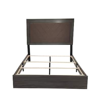 Queen Size Fabric Panel Bed with Rustic Accents and 2-Tone Fabric Upholstery