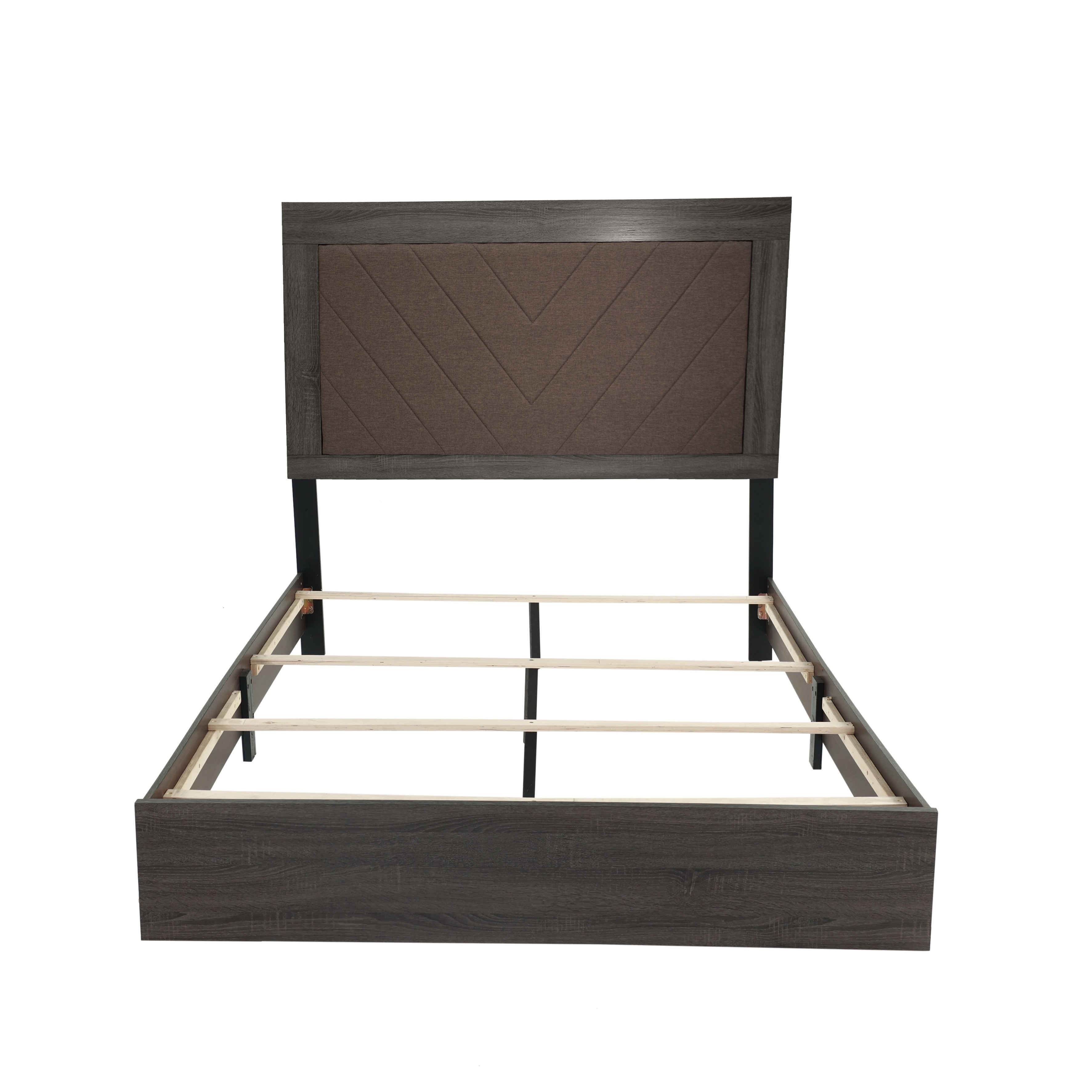 Queen Size Fabric Panel Bed with Rustic Accents and 2-Tone Fabric Upholstery