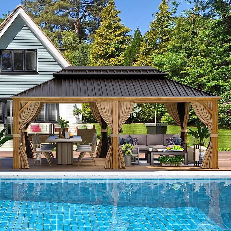 Outdoor Hardtop Gazebo, Wooden Finish Coated Aluminum Frame w Galvanized Steel Double Roof with Premium Curtains and Netting - 12' x 20' - Wood