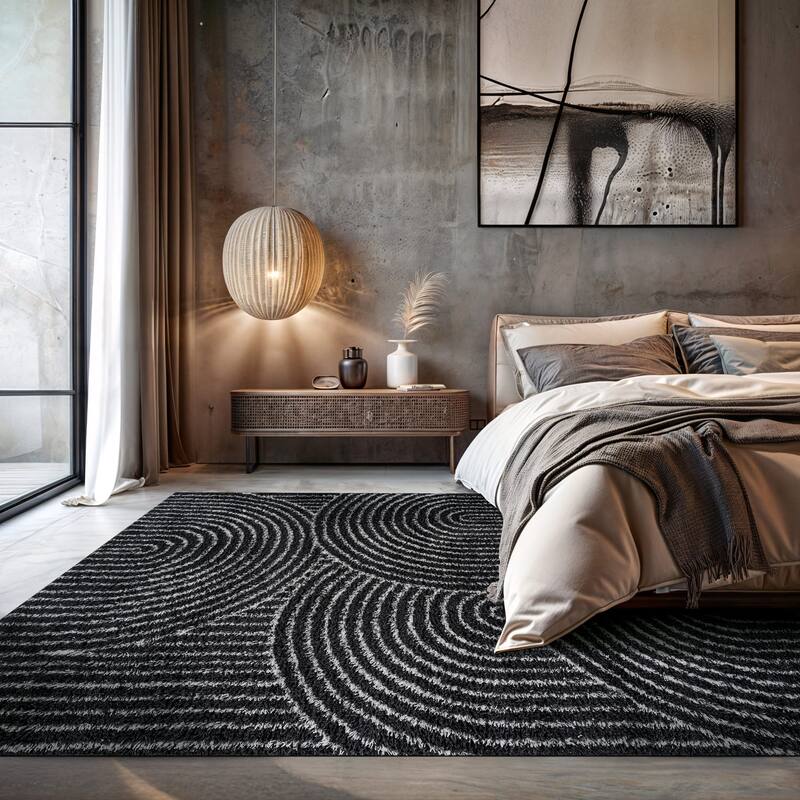 Circles Arch Shag Rug - Durable & Soft for High-Traffic Areas - Anthracite Dark Gray - Kid Friendly